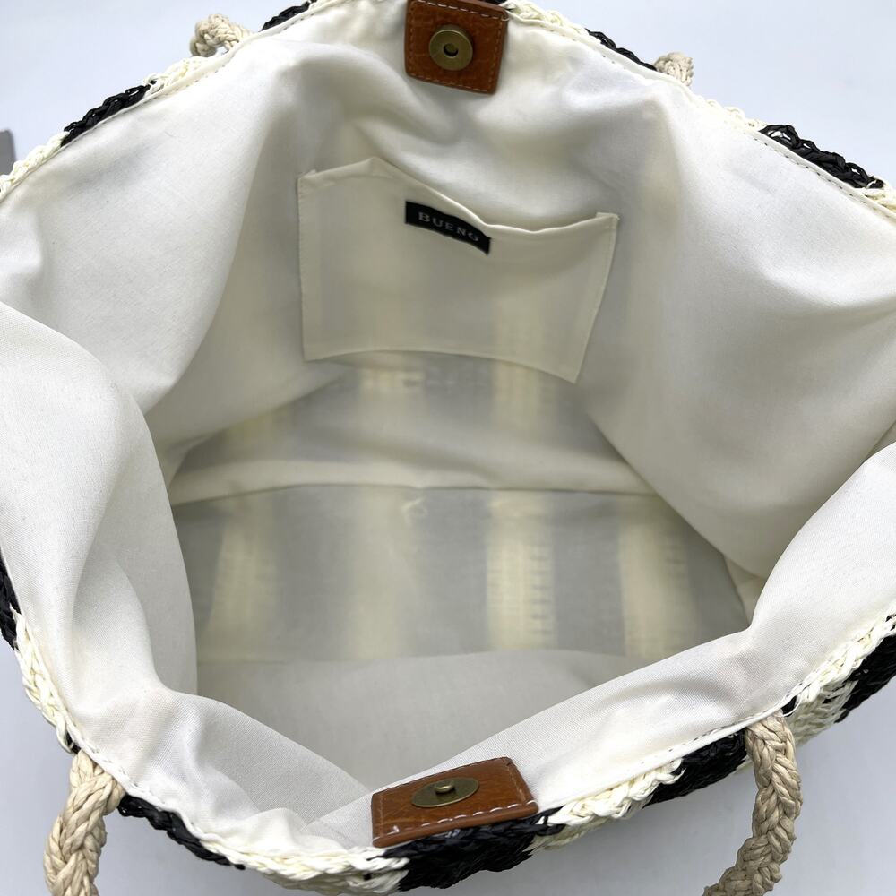 Bueno Tote Bag Large‎ Woven Straw Black Cream Beachy Boho Travel Summer Festival - Picture 9 of 13